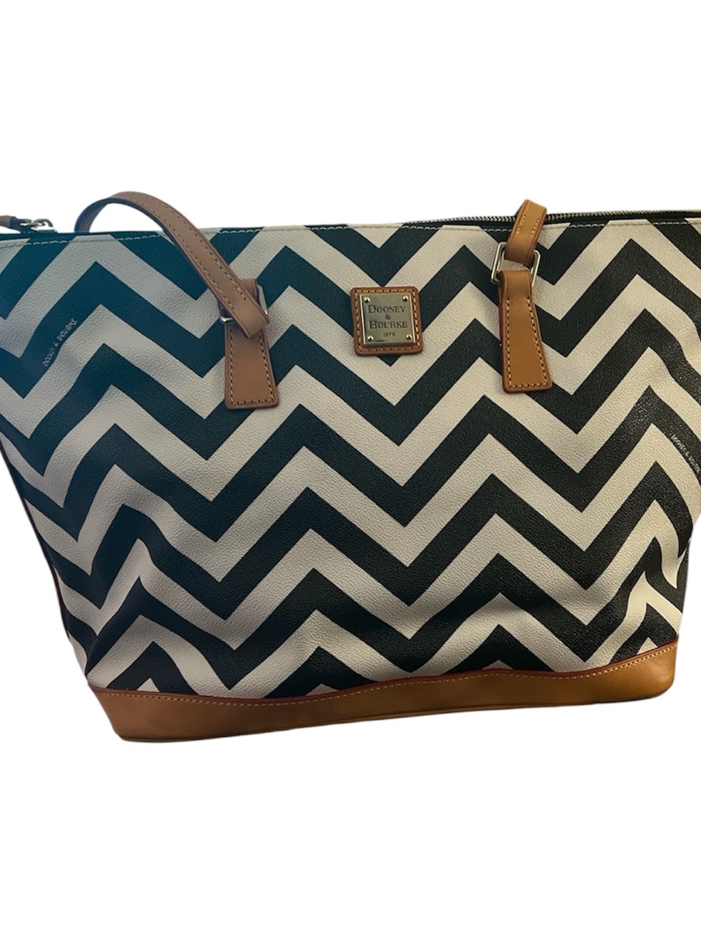Dooney & Bourke Black & White Chevron Tote with Tan Trim and Handles